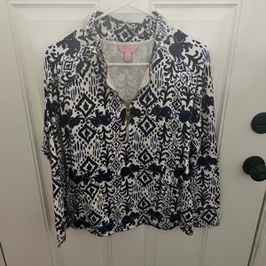 Lilly Pulitzer navy and white elephant print skipper popover
